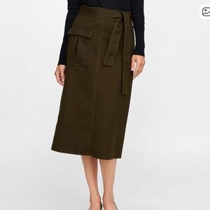 Zara Olive A-Line Midi Skirt with Self-Tie Waist